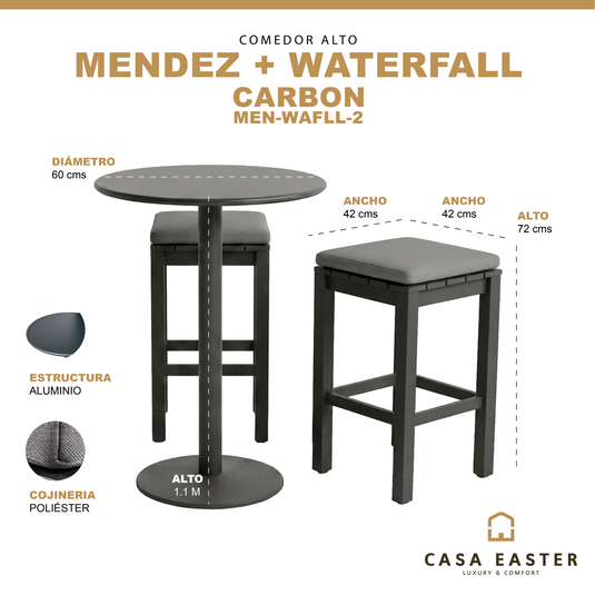 Comedor alto Diam Ø60 cm Méndez + 2 bancos Waterfall - MEN-WAFLL-2