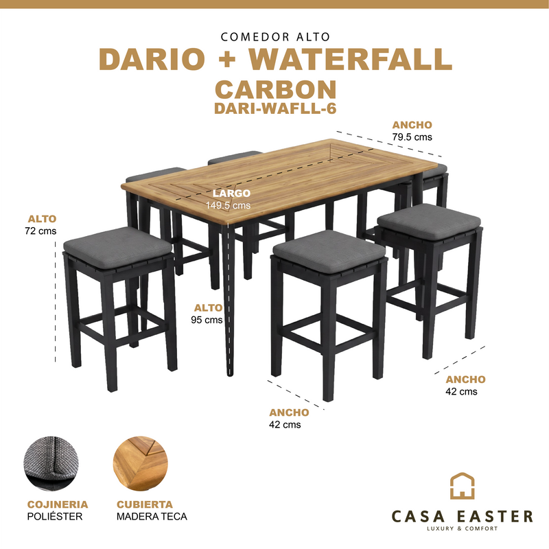 Load image into Gallery viewer, Comedor alto de Exterior 1.4M Dario + 6 bancos Waterfall color carbón - DARI-WAFLL-6
