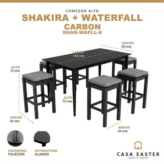 Comedor alto para Exterior 1.4 m Shakira + 6 bancos Waterfall color carbón - SHAK-WAFLL-6