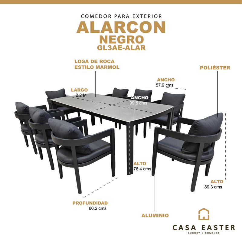 Cargue la imagen en el visor de la galería, Comedor Alarcon 2.2M + 8 sillas alarcon color negro - GL3AE-ALAR

