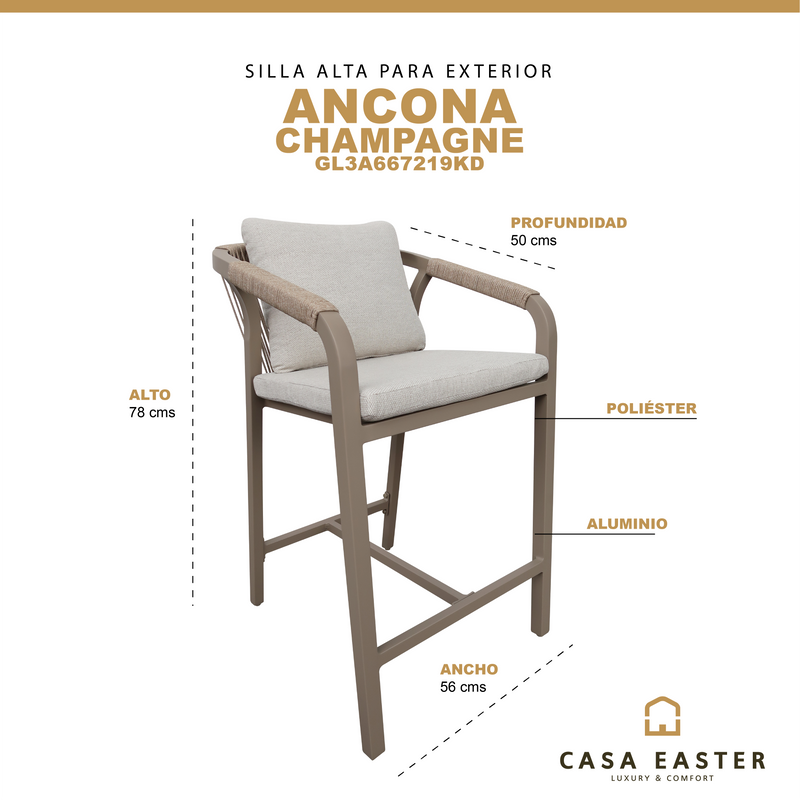 Cargue la imagen en el visor de la galería, Silla Alta ANCONA para  Exterior e Interior  de Aluminio  Color Champagne - GL3A667219KD
