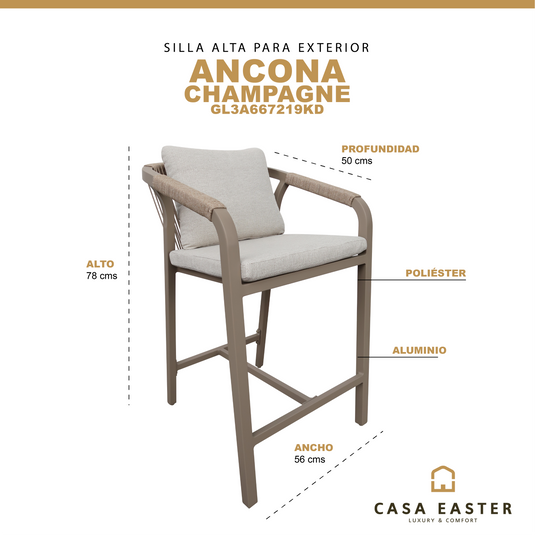 Silla Alta ANCONA para  Exterior e Interior  de Aluminio  Color Champagne - GL3A667219KD
