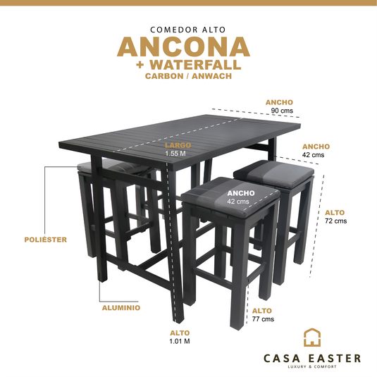 Comedor Alto para interior y exterior Ancona + 4 bancos waterfall color Carbon - ANWACH