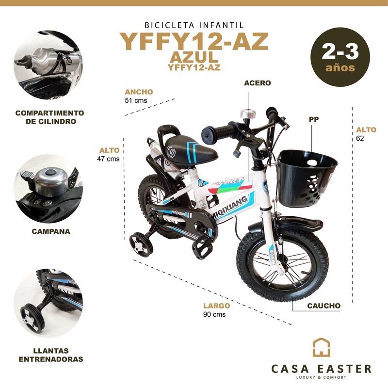 Cargue la imagen en el visor de la galería, Bicicleta Infantil de 12 Pulgadas color Azul - YFFY12-AZ
