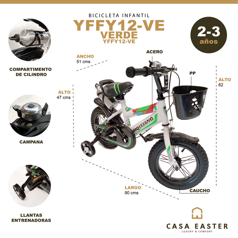 Cargue la imagen en el visor de la galería, Bicicleta Infantil de 12 Pulgadas Color Verde - YFFY12-VE
