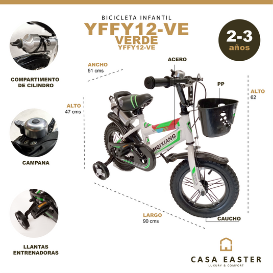 Bicicleta Infantil de 12 Pulgadas Color Verde - YFFY12-VE