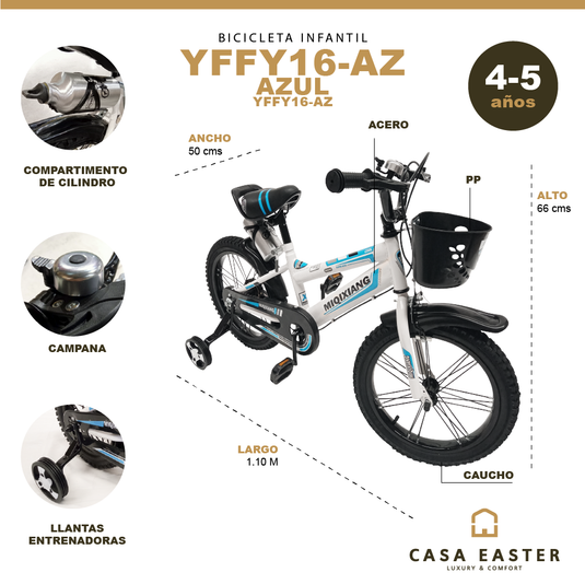 Bicicleta Infantil de 16 Pulgadas Color Azul - YFFY16-AZ