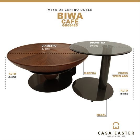 Mesa de Centro doble BIWA color Cafe  2 PIEZAS  D.80cms, D.50cms - GB08485