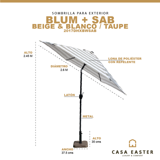 Sombrilla Blum Para Jardin con Angulo de Inclinación Color  Beige & Blanco + base para sombrilla SAB Taupe - 2017DHXBWSAB