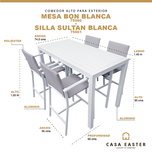 Comedor Alto de aluminio Bon Blanca + 4 sillas Sultan Blancas