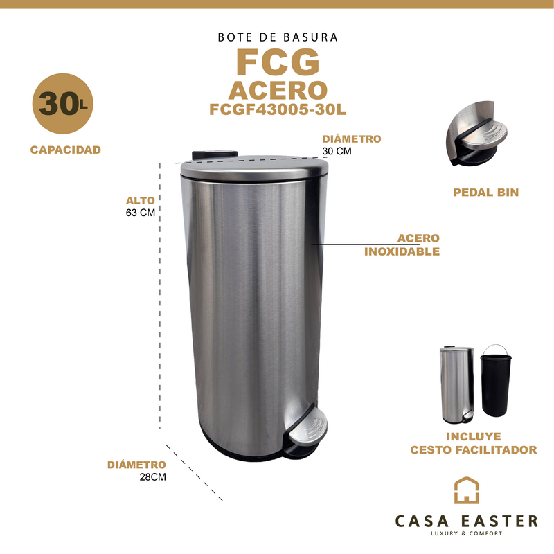 Cargue la imagen en el visor de la galería, Bote  de basura de Acero inoxidable FCG con pedal de 30L redondo - FCGF43005-30L
