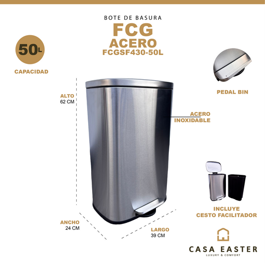 Bote de basura de Acero inoxidable FCG con pedal de 50L - FCGSF430-50L