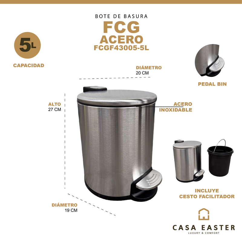 Cargue la imagen en el visor de la galería, Bote de basura chico de Acero inoxidable FCG con pedal de 5L redondo - FCGF43005-5L
