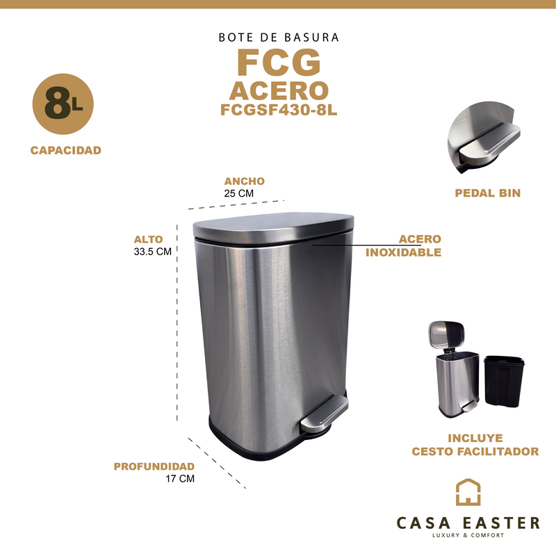Cargue la imagen en el visor de la galería, Bote de basura chico de Acero inoxidable FCG con pedal de 8L ovalado - FCGSF430-8L
