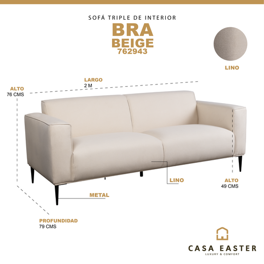 Sofá triple de interior BRA color beige - 762943