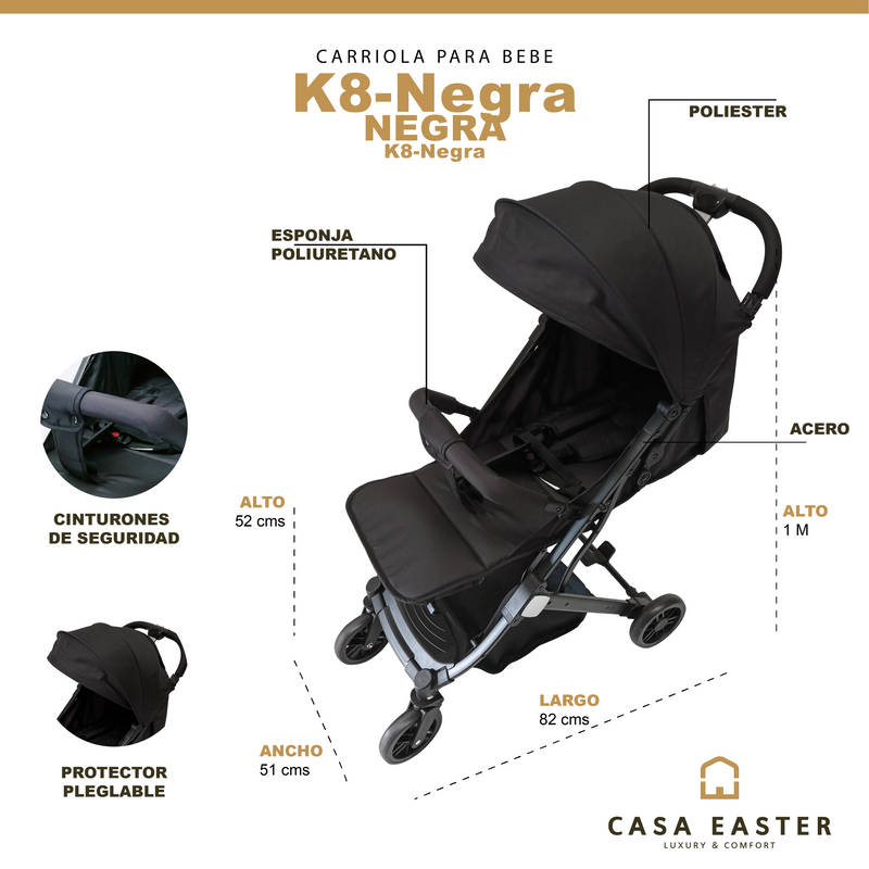 Cargue la imagen en el visor de la galería, Carriola Stroller para bebe color Negra - K8-Negra
