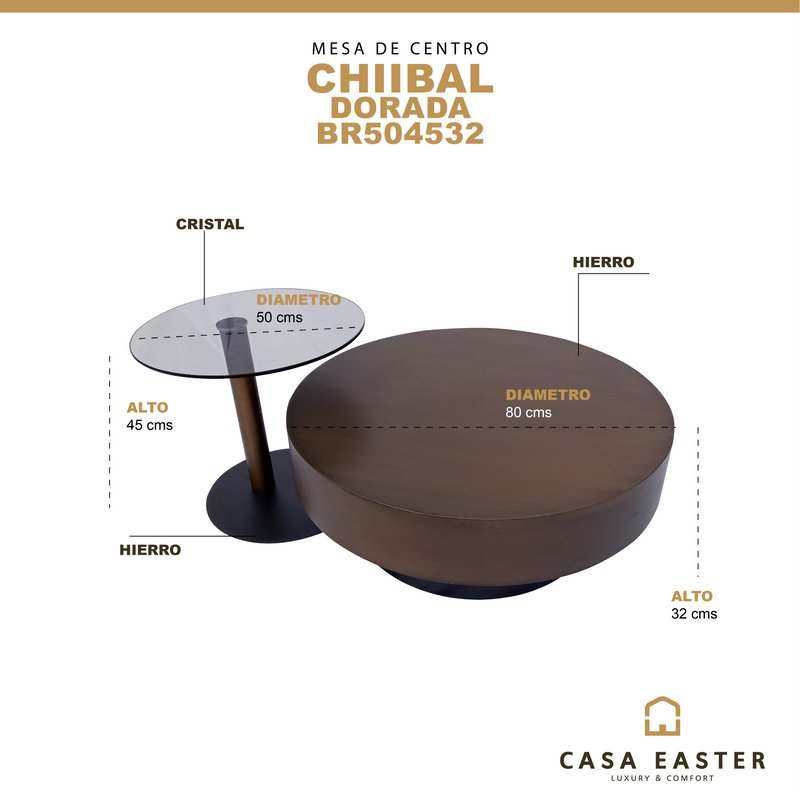 Cargue la imagen en el visor de la galería, Mesa de Centro o doble Chiibal Color Oro 2 PIEZAS D.80cms , D.50cms  -BR504532
