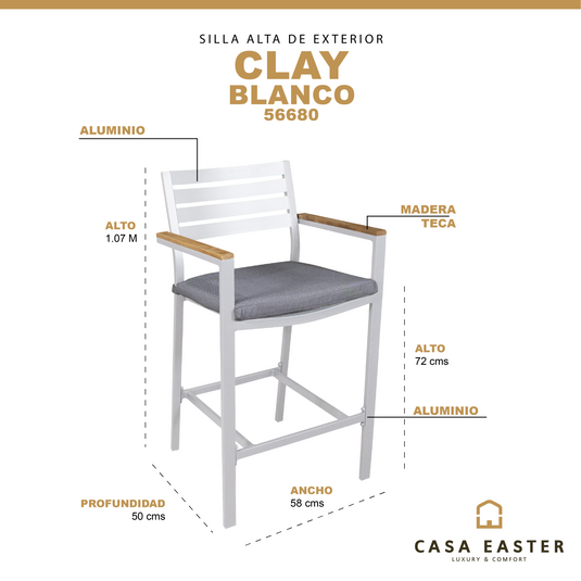 Silla Alta para  Exterior e Interior de Aluminio  Color Blanco CLAY- 56680