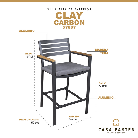 Silla Alta  para  Exterior e Interior de Aluminio Color Carbon CLAY - 57867