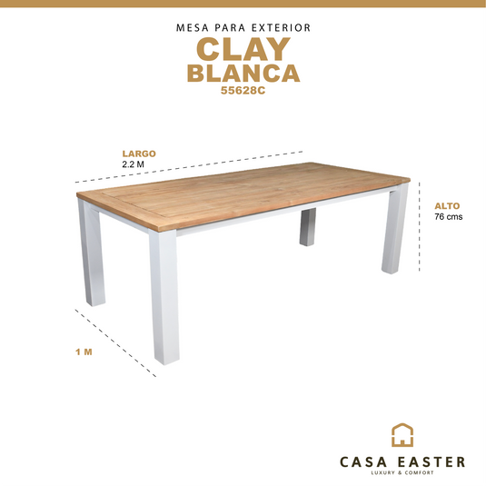 Mesa de Comedor  Rectangular  De Madera Teca Color Blanco  CLAY-55628C CasaEaster