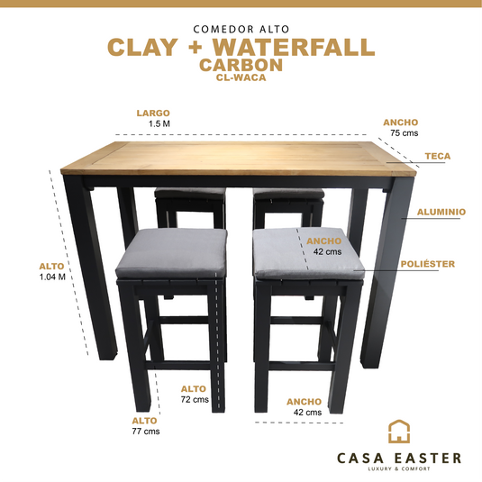 Comedor alto Clay 1.5 M+ 4 bancos Waterfall, color carbon - CL-WACA