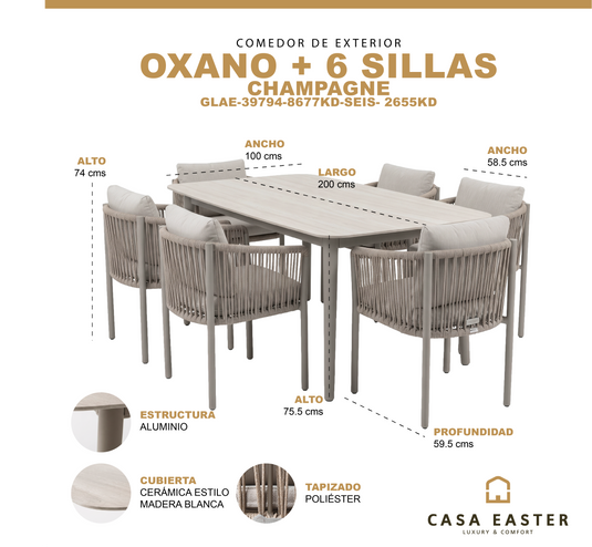 Comedor Oxano 2M + 6 sillas Oxano color Champagne - GLAE-39794-8677KD-SEIS-2655KD