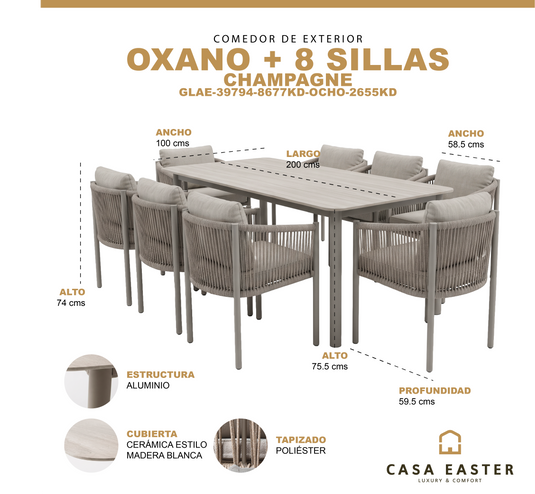 Comedor Oxano 2M + 8 sillas Oxano color Champagne - GLAE-39794-8677KD-OCHO-2655KD