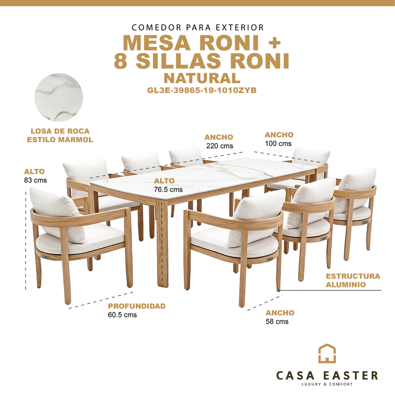 Cargue la imagen en el visor de la galería, Comedor Roni 2.2M + 8 sillas Roni color natural - GL3E-39865-19-1010ZYB

