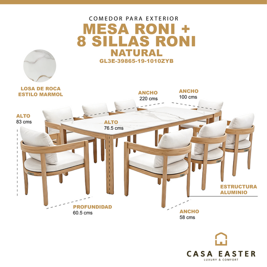 Comedor Roni 2.2M + 8 sillas Roni color natural - GL3E-39865-19-1010ZYB