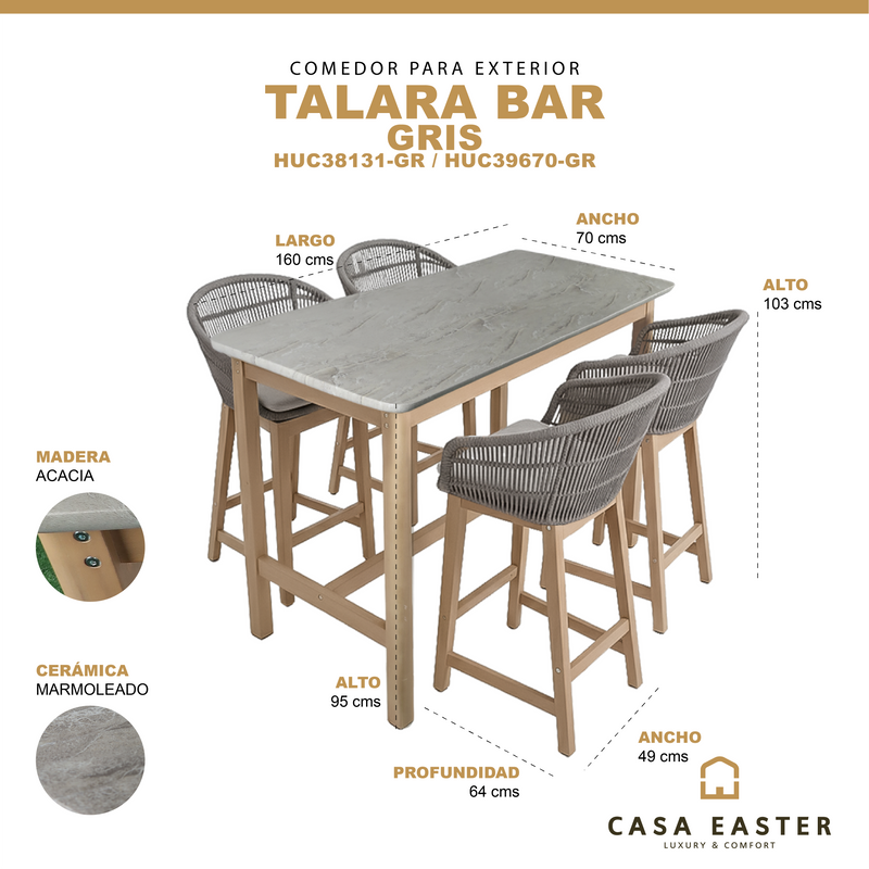 Cargue la imagen en el visor de la galería, Comedor de barra Alto 1.6 M para Exterior o Jardin Rectangular Talara Bar color gris + 4 Sillas Alta Talara color gris
