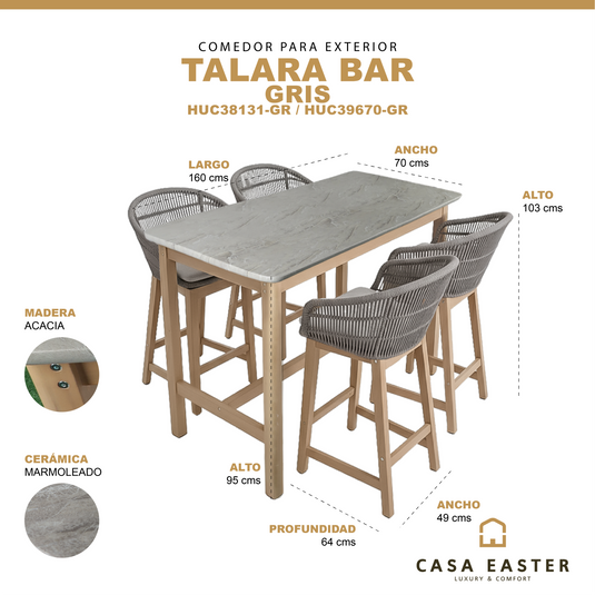 Comedor de barra Alto 1.6 M para Exterior o Jardin Rectangular Talara Bar color gris + 4 Sillas Alta Talara color gris