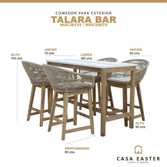 Comedor de barra Alto para Exterior o Jardin Rectangular  Talara Bar + 4 Sillas Alta Talara