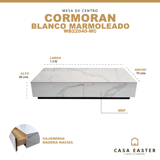 Mesa de centro 1.3 M estilo marmol, Cormoran color blanco - WB22040-MC