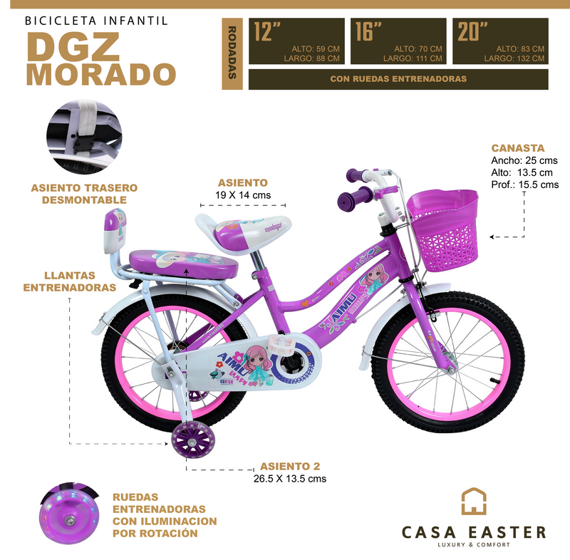 Cargue la imagen en el visor de la galería, Bicicleta infantil DGZ de 16" Color Morado - 16DGZ-MOR
