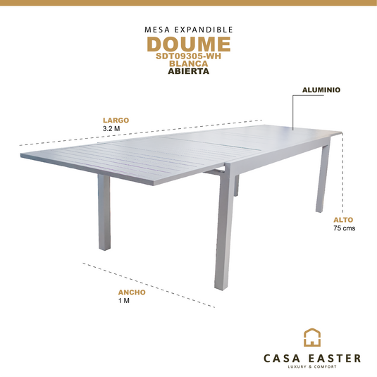 Mesa de Comedor Expandible 2 M / 3.2 M para interior y exterior de Aluminio Color Blanca DOUME - SDT09305-WH