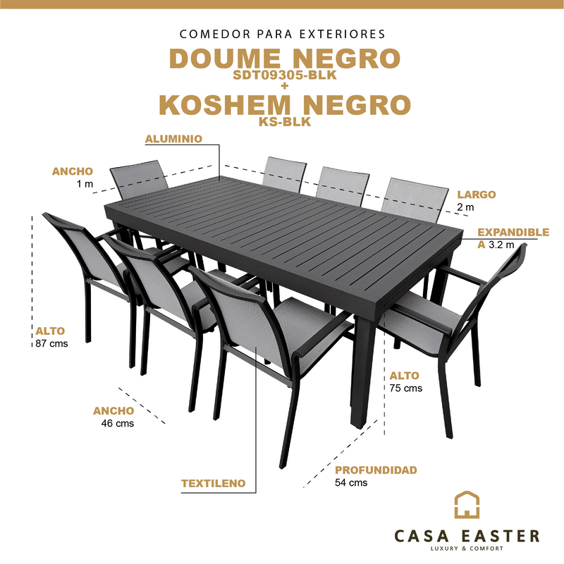Cargue la imagen en el visor de la galería, Comedor de Aluminio Doume 2 M / 3.2 M + 8 sillas Koshem color Negro
