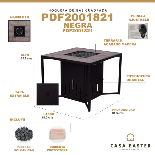 Hoguera para fogata cuadrada color negro con estructura - PDF2001821