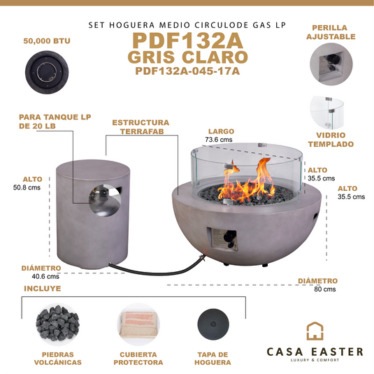 Set Fogata en medio circulo de exterior de gas LP color gris claro con tapa de gas LP y parabrisas - PDF132A-045-17A