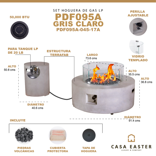 Set Fogata redonda de exterior de gas LP color gris claro con tapa de gas LP y parabrisas - PDF095A-045-17A