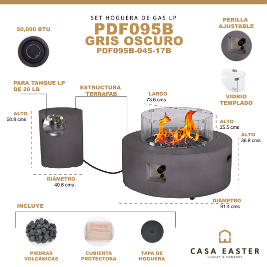 Set Fogata redonda de exterior de gas LP color gris oscuro con tapa de gas LP y parabrisas - PDF095B-045-17B