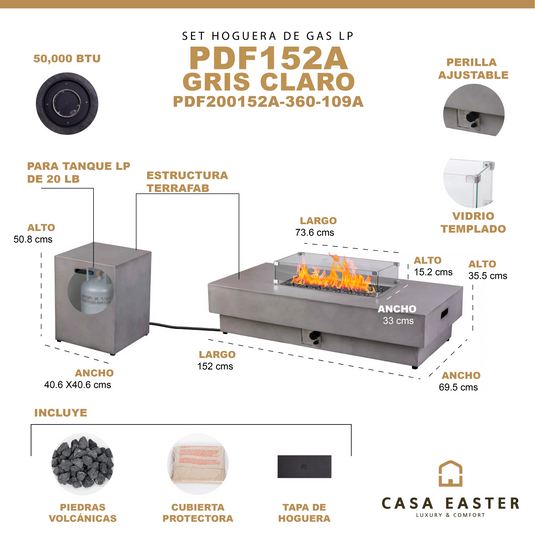 Set Fogata rectangular de exterior de gas LP color Gris Claro con tapa de gas LP y parabrisas - PDF200152A-360-109A