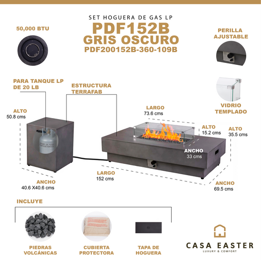 Set Fogata rectangular de exterior de gas LP color gris oscuro con tapa de gas LP y parabrisas - PDF200152B-360-109B