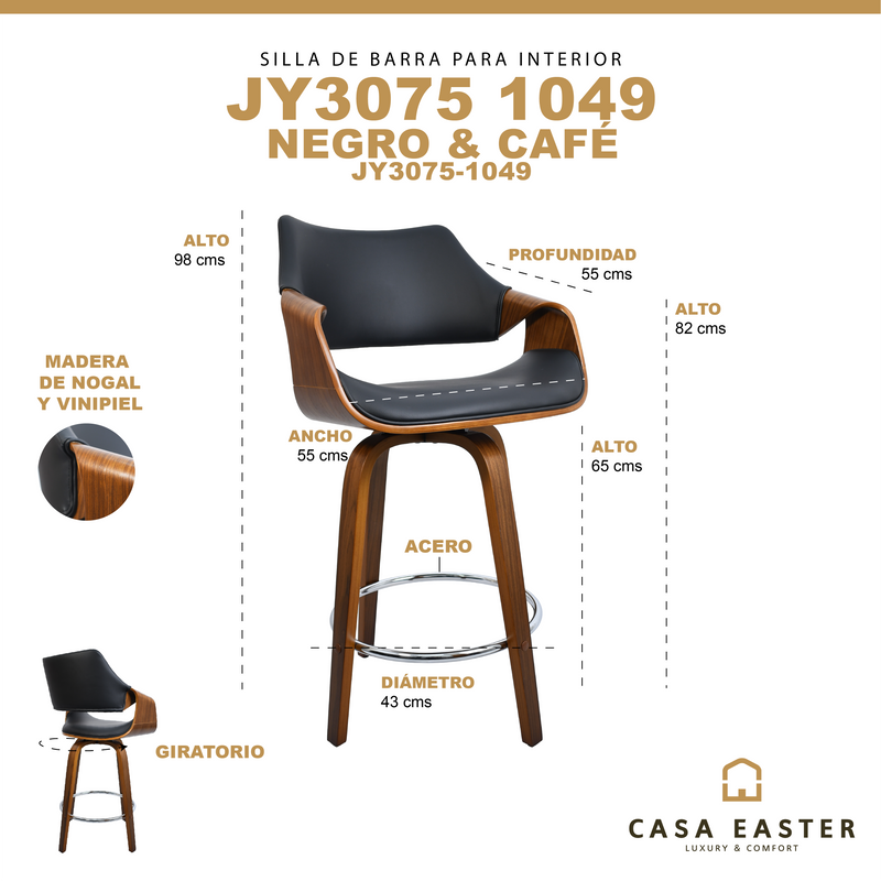 Cargue la imagen en el visor de la galería, Silla alta para barra 1049 para interior color negro &amp; café - JY3075-1049
