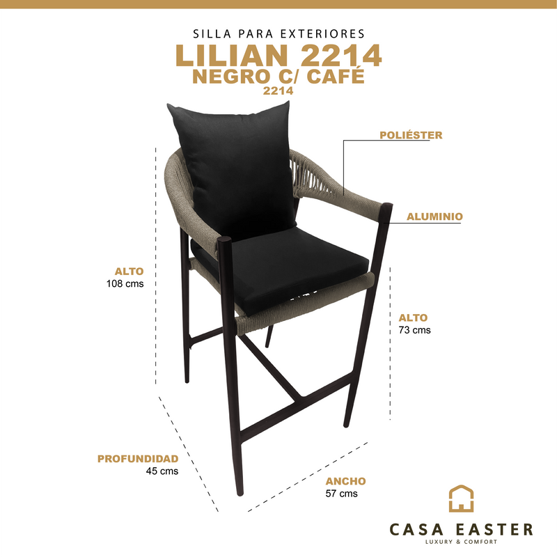 Cargue la imagen en el visor de la galería, Silla Alta para  para  Exterior e Interior de Aluminio Color Negro/Cafe LILIAN-2214
