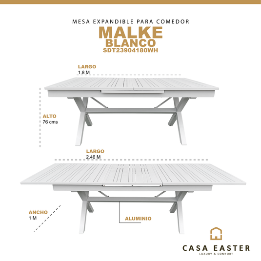 Mesa de Comedor expandible 1.8 M / 2.4 M Malke color Blanca - SDT23904180WH