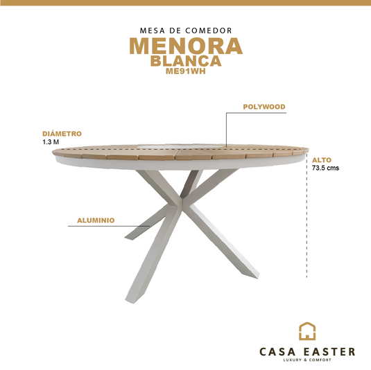 Mesa de comedor redonda 1.3 m Menora color Blanco - ME91WH