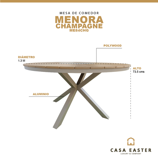 Mesa de comedor redonda 1.3 m Menora color Champagne - ME84CHG