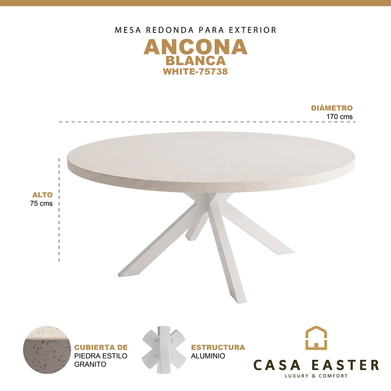 Cargue la imagen en el visor de la galería, Mesa de Comedor Redonda 1.7 M ANCONA  para interior y exterior estilo redonda Color blanco - WHITE-75738
