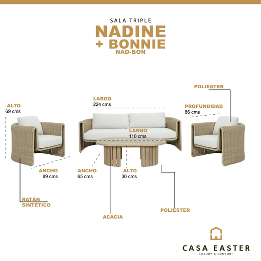 Set triple Nadine + mesa de centro Bonnie color natural - NAD-BON