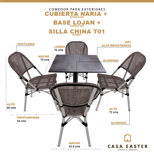 Comedor de Aluminio Naria + base Lojan carbon + 4 sillas China t01